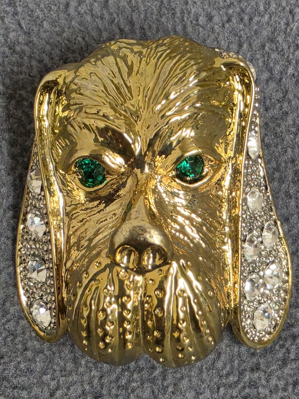 Gold Tone Dog Face Brooch Green Eyes Clear Rhinestone Ears Pin New